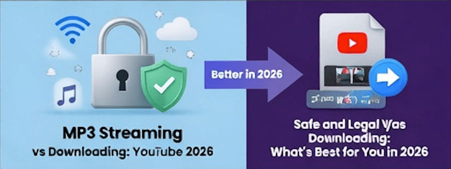 Illustration showing safe YouTube music download habits with shield icons, music notes, and legal permission markers