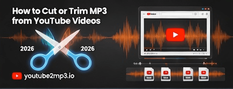 Illustration of a YouTube playlist being converted into multiple MP3 files with organized track order and audio icons